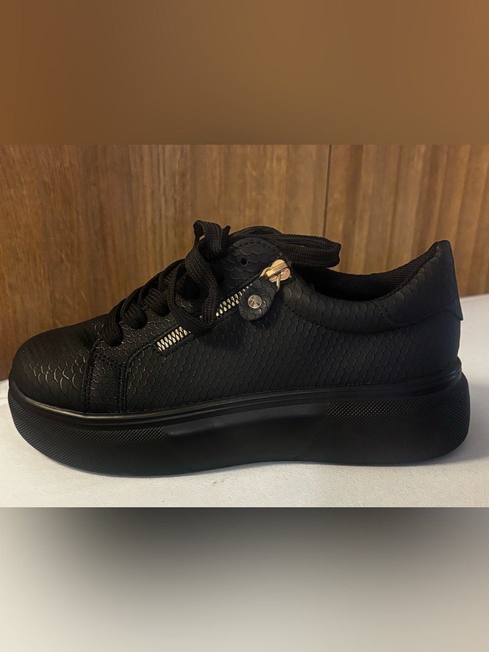 NWOT ~ Black Platform Lace-Up Women's Sneakers with Gold Accent